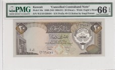 Kuwait, 20 dinar, 1980-81, UNC, p16x
PMG 66 EPQ, serial number:WJ10 638484, Canselled contraband note for stolen by Iraq forces
Estimate: $150-300