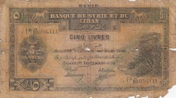 Lebanon, 5 Livres, 1939, POOR, p27b
serial number: K/BA 056111
Estimate: $100-200
