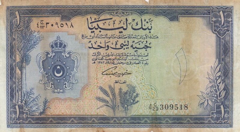 Libya, 1 Pound, 1963, FINE (-), p25
serial number: 4 C/23 309518, AH: 1382
Est...