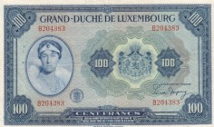Luxembourg, 100 Francs, 1944, XF, p47
serial number: B204383, Grand Duchess Chariotte portrait at left
Estimate: $75-150