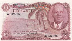 Malawi, 1 Kwacha, 1975, UNC, p10c
serial number: W 632206, Portrait Dr. Hastings Kamuzu Banda as Prime Minister at right
Estimate: $75-150