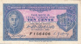Malaya, 10 Cents, 1940, AUNC (+), P2
serial number: F156406, King George VI portrait
Estimate: $100-200