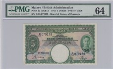 Malaya, 5 Dollars, 1941, UNC, p12
PMG 64, serial number: D/55 079179, King George VI portrait
Estimate: $500-1000