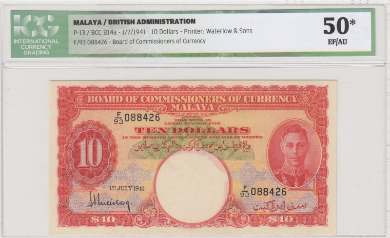 Malaya, 10 Dollars, 1941, XF-AUNC, p13
İCG 50, serial number: F/93 088426, King...