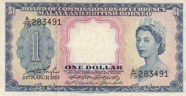 Malaya And British Borneo, 1 Dollar, 1953, AUNC, p1
Queen Elizabeth II, Serial number: A/79 283491
Estimate: $50-100