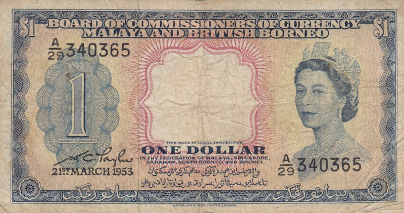 Malaya And British Borneo, 1 Dollar, 1953, FINE, p1
Queen Elizabeth II portrait...