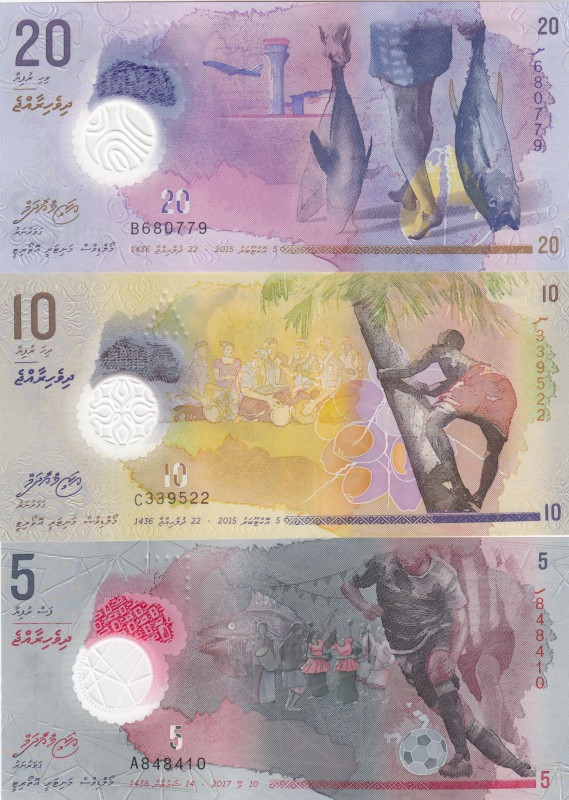 Maldives, 5-10 and 20 Rufiyaa, 2015-2017, UNC, (Total 3 banknotes)
serial numbe...