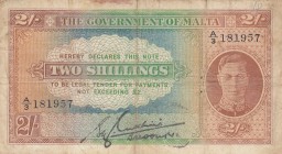 Malta, 2 Shillings, 1942, VF (-), p17
serial number: A/3 181957, King George VI portrait at right
Estimate: $15-30