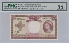 Malta, 1 Dollar, 1954, AUNC, p24b 
PMG 58, EPQ, Serial Number: A/23 850119, Queen Elizabeth II portrait
Estimate: $100-200
