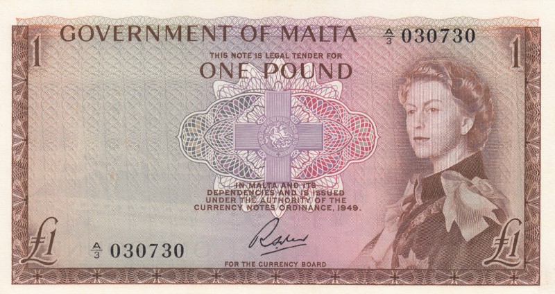 Malta, 1 Pound, 1963, UNC, p26
Queen Elizabeth II, serial number: A/3 030730
E...