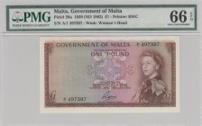 Malta, 1 Pound, 1963, UNC, p26a
PMG 66, Queen Elizabeth II, Serial number: A/1 497307
Estimate: $150-300