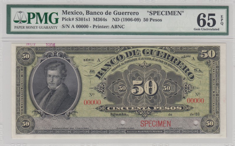 Mexıco, 50 Pesos, 1906-09, UNC, pS301s1, SPECIMEN
PMG 65, EPQ, serial number: A...