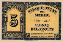 Morocco, 5 Francs, 1943, UNC (-), p24
serial number: 19811462
Estimate: $25-50