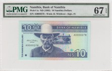 Namibia, 10 Dollars, 1993, UNC, p1a
PMG 67 EPQ, serial number:A0000278, High condition
Estimate: $50-100
