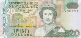 New Zealand, 20 Dollars, 1992, XF / AUNC, p179a, REPLACEMENT
Queen Elizabeth II Bankonte, serial number: ZZ 042743
Estimate: $75-150