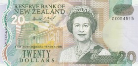 New Zealand, 20 Dollars, 1994, p183, REPLACEMENT
serial number: ZZ 054515, sign: Donald T. Brash, Queen Elizabeth II portrait
Estimate: $75-150