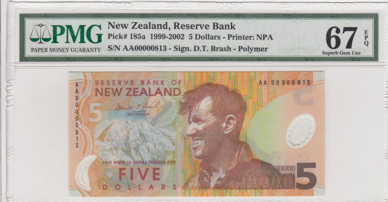 New Zelland, 5 dollars, 1999-2002, UNC, p185a
PMG 67 EPQ, serial number:AA00000...