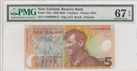 New Zelland, 5 dollars, 1999-2002, UNC, p185a
PMG 67 EPQ, serial number:AA00000813, High condition
Estimate: $50-100