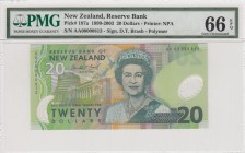 New Zelland, 20 dollars, 1999-2003, UNC, p187a
PMG 66 EPQ, Queen Elizabeth II, serial number:AA00000813, "813" low serial number
Estimate: $75-150