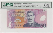New Zelland, 50 dollars, 1999-2003, UNC, p188a
PMG 64 EPQ, serial number:AA00000813
Estimate: $150-300