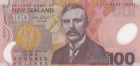 New Zealand, 100 Dollars, 2008, UNC, p189b
serial number: BJ 08172335, Lord Rutherford portrait at center, polymer
Estimate: $100-150