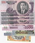 North Korea, 1 Won, 200 Won, 1000 Won and 5000 Won (3), 1947-2008, UNC, (Total 6 banknotes)
Estimate: $5-10