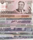 North Korea, 5 Won, 10 Won, 50 Won, 100 Won, 200 Won, 500 Won, 5000 Won (2), 2002-2013, UNC, SPECIMEN, (Total 8 banknotes)
Estimate: $10-20