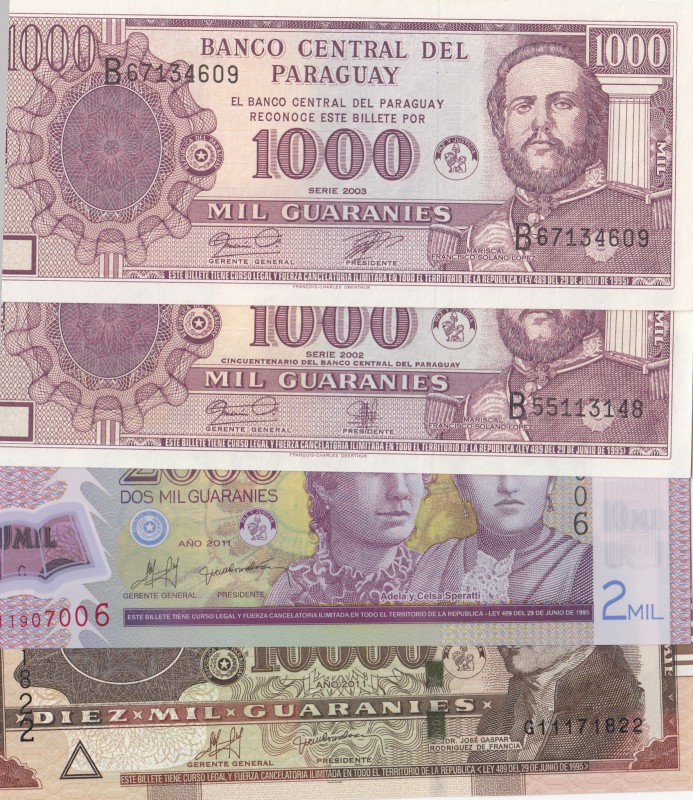 Paraguay, 1000 Guaranies (2), 2000 Guaranies, 10.000 Guaranies, 2002 / 2011 / 19...