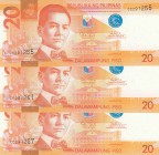 Philippines, 20 Piso, 2010, ÇİL, p206, (Total 3 banknotes)
serial numbers: CC 291255, CC 291241, CC 291257
Estimate: $15-30