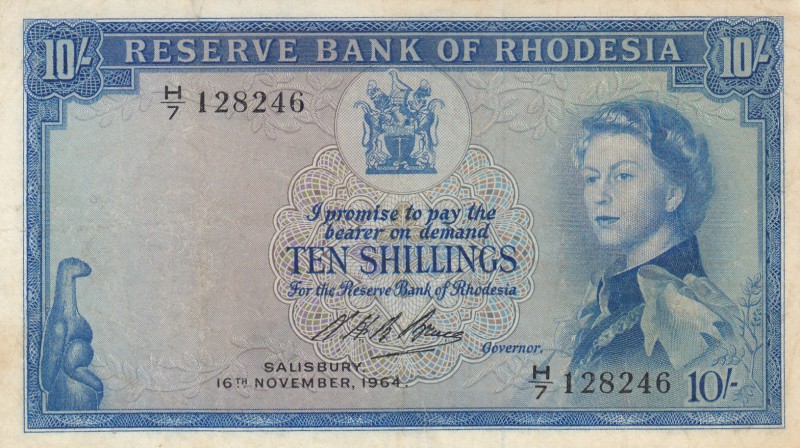 Rhodesia, 10 Shillings, 1964, XF, p24g
Queen Elizabeth II , Serial Number: H/7 ...