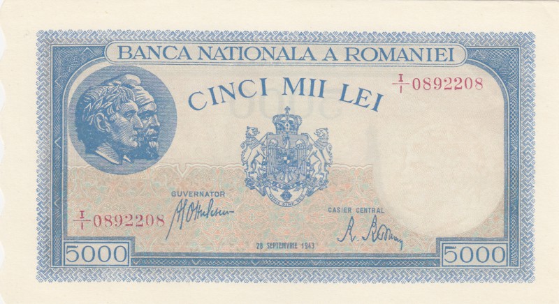Romania, 5000 Lei, 1943, UNC, p55
serial number: I/1 0892208
Estimate: $15-30