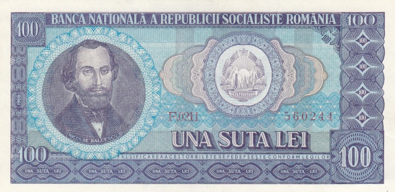 Romania, 100 Lei, 1966, UNC, p97
serial number: F.0211.560244, Nicolae Bălcescu...