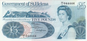 Saint Helena, 5 Pounds, 1976, UNC, p7a
serial number: H/1 044444, Queen Elizabeth II portrait, "044444" beautiful number
Estimate: $75-150
