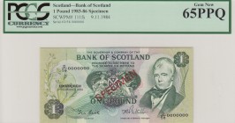 Scotland, 1 pound, 1984, p111fs, SPECİMEN
PCGS 65 PPQ, serial number:D58 000000
Estimate: $100-200