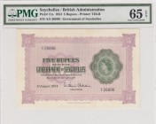 Seychelles, 5 Rupees, 1954, UNC, p11a
PMG 65 EPQ, serial number: A/5 26896, Queen Elizabeth II portrait
Estimate: $500-1000