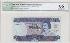 Solomon Islands, 20 Dollars, 1977, UNC, p6b
İCG 66, Queen Elizabeth II, serial number: A/1 494015, First prefix
Estimate: $75-150