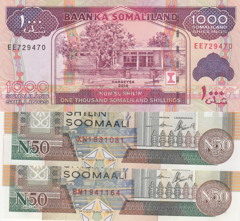 Somaliland, 50 Shillings (2) and 1000 Shillings, 1991-2014, UNC, p17 / p20c, (To...