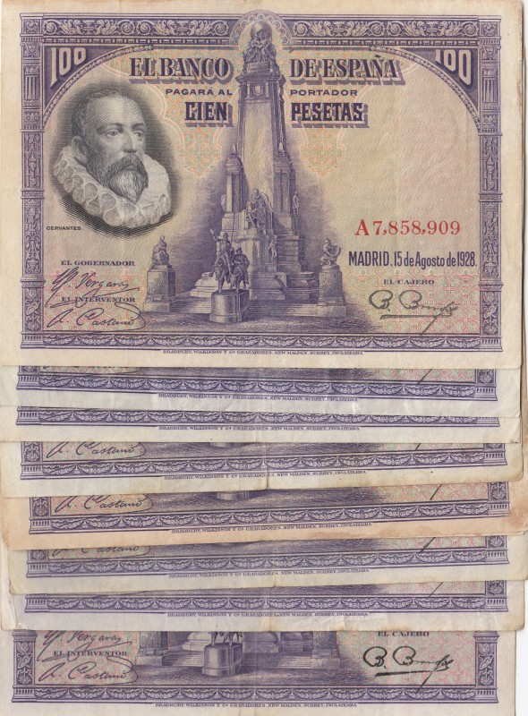 Spain, 100 Pesetas, 1928, FINE / XF, p76a, (Total 9 adet banknotes)
Estimate: $...