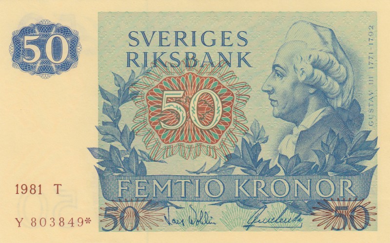 Sweden, 50 Kronor, 1981, UNC, p53r3, REPLACEMENT
serial number: Y 803849*, King...