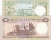 Syria, 5 Pounds and 50 Pounds, 1988-1991, UNC, p100 / p103, (Total 2 banknotes)
Estimate: $5-10
