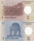 Tajikistan, 1 and 5 Dirams, 1999, UNC, p10 -p11, (Total 2 banknotes)
serial number: AA 8928045 and BB 5881748
Estimate: $5-.10