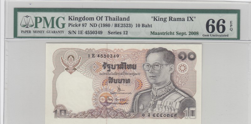 Thailand, 10 Baht, 1980, UNC, p87
PMG 66 EPQ, serial number: 1E 4550349
Estima...