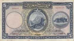 Turkey, 5 Livre, 1927, XF (-), p120
serial number: 6 018619, pressed
Estimate: $500-1000