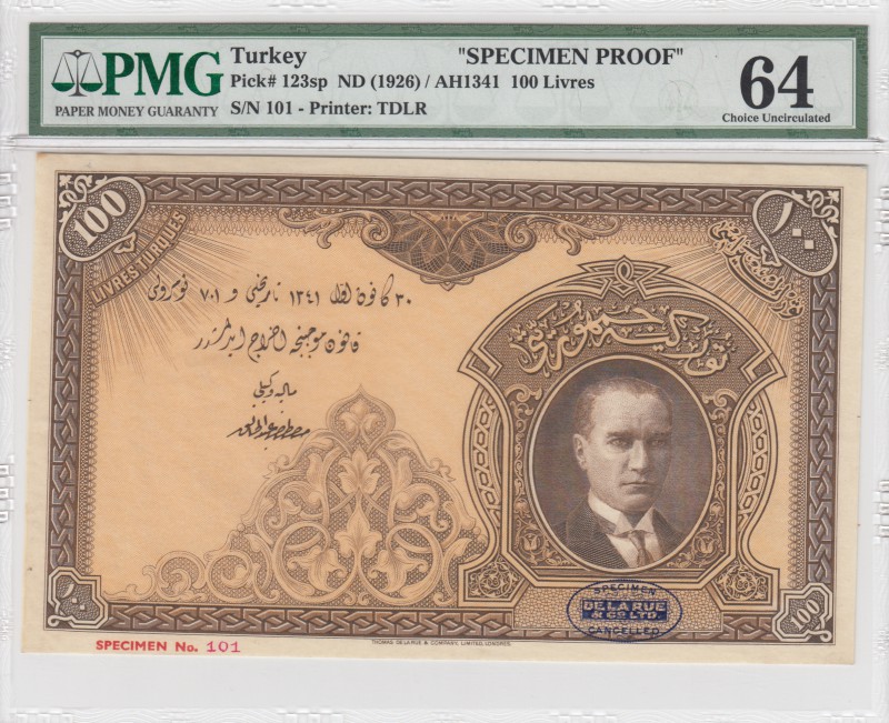 Turkey, 100 Livre, 1927, UNC, p122, SPECIMEN PROOF
PMG 64, specimen number: 101...