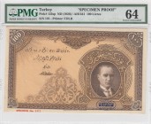 Turkey, 100 Livre, 1927, UNC, p122, SPECIMEN PROOF
PMG 64, specimen number: 101, only front face color trial specimen
Estimate: $1500-3000