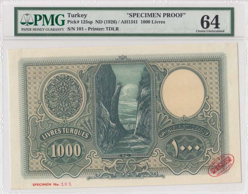 Turkey, 1000 Livre, 1927, UNC, p122, SPECIMEN PROOF
PMG 64, specimen number: 10...