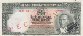 Turkey, 2 1/2 Lira, 1939, UNC, p126, SPECIMEN
serial number: 00 000000
Estimate: $500-1000