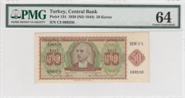 Turkey, 50 Kurush, 1944, UNC, p134
PMG 64, serial number: C5 080558, İsmet İnönü portrait
Estimate: $1000-2000