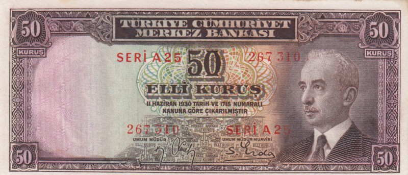 Turkey, 50 Kurush, 1942-1944, UNC (-), p133
serial number: A25 267310, İsmet İn...