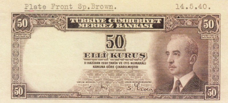 Turkey, 50 Kurush, 1942-1944, UNC, p133, PROOF
Only front proof
Estimate: $50-...